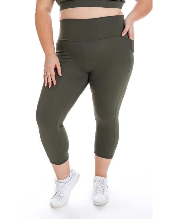 Khaki Body Luxe Capri Leggings with Pockets Squat Proof Tights Plus Size - Khaki Body Luxe Capri Leggings with Pockets