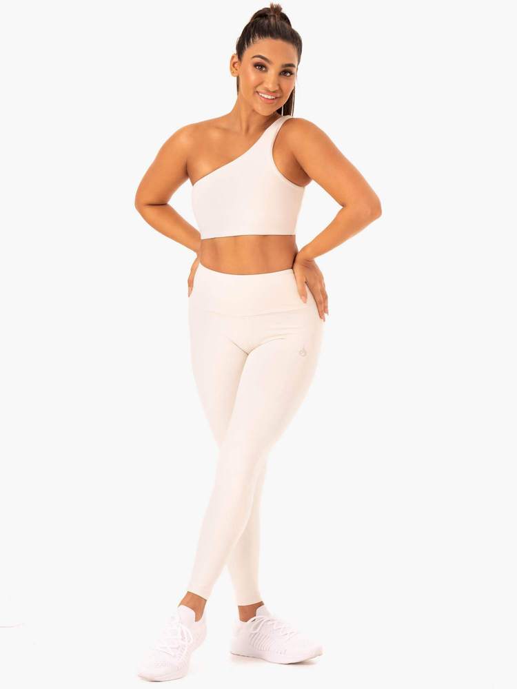 Ryderwear - Adapt High Waisted Scrunch Leggings and One Shoulder Sports Bra - Ivory - Front Woman making yoga pants look cute - Ryderwear - Adapt High Waisted Scrunch Leggings and One Shoulder Sports Bra - Ivory