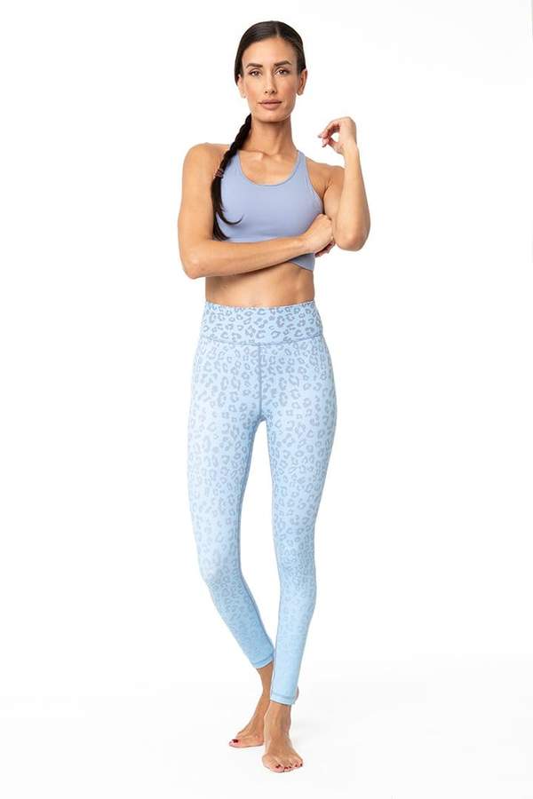 Vie Active- Rockell 7.8 Legging - Sky Blue Leopard Ombre - Front Woman wearing sexy yoga set -Vie Active- Rockell 7/8 Legging - Sky Blue Leopard Ombre